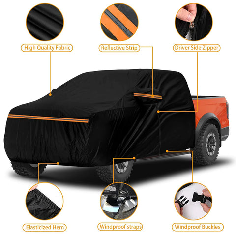 Installed Kistrba cab cover for mid-size crew-cab pickup; black fabric with orange reflective stripe.