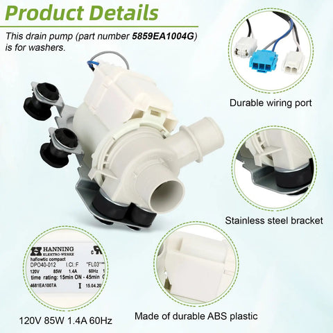 Washer Drain Pump Assembly 5859EA1004G Replacement for Kenmore Top Load Washers Easy Install white ABS pump, 120V 85W 1.4A