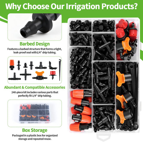 240 Piece Drip Irrigation Kit For Quarter Inch Tubing Includes Misting Nozzles Drippers Stakes Tees Elbows Plugs And More