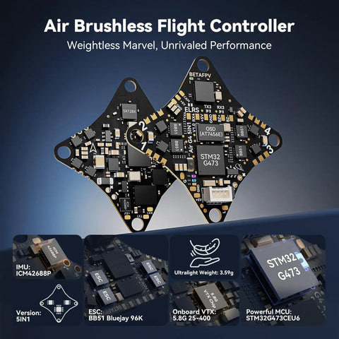 Close-up of the G473 5IN1 Air Brushless FC components for ELRS V3 Air65 Brushless Whoop Quadcopter Ultralight 1S 65mm Drone.