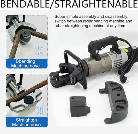 MXJCKSOQ Electric Hydraulic Rebar Bender Tool 1800W Handheld Machine with bending and straightening nose attachment.