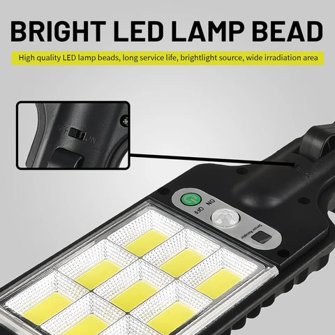 Close-up of Outdoor Solar Wall Lights With Wide Angle Flood Lights, showing bright LED lamp beads and control button.
