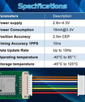 Specifications of Beast GNSS GPS Module For ESP32 LoRa V4 Mesh Node T114 With L76K Chip, showing power supply and accuracy details