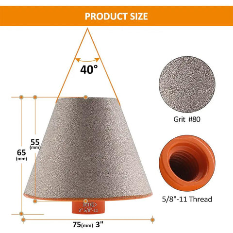 Diamond Beveling Chamfer Bit 3 Inch 75mm With 5/8-11 Thread, showing dimensions and grit texture for ceramic tile