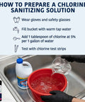 Food Service Chlorine Test Strips 0-500 Ppm Value Pack for Bleach Sanitizer Testing, Easy Read Color Blocks, Budget-Friendly Choice for Restaurants, Bars, Cafes, Food Trucks, Daycares and Commercial Kitchens, Safe Sanitation Tool shown with chlorine mix instructions and 200-strip bottle