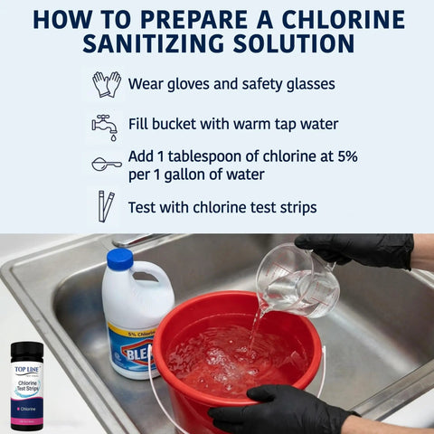Food Service Chlorine Test Strips 0-500 Ppm Value Pack for Bleach Sanitizer Testing, Easy Read Color Blocks, Budget-Friendly Choice for Restaurants, Bars, Cafes, Food Trucks, Daycares and Commercial Kitchens, Safe Sanitation Tool shown with chlorine mix instructions and 200-strip bottle