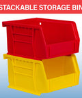 Red and yellow stackable storage bins, plastic, ideal for organizing in garage or pantry, shown stacked together.