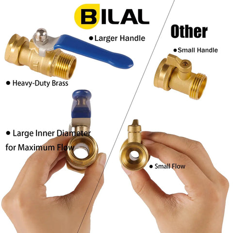 Comparison of heavy duty garden hose shut off valve with long handle and high flow brass versus standard valve.