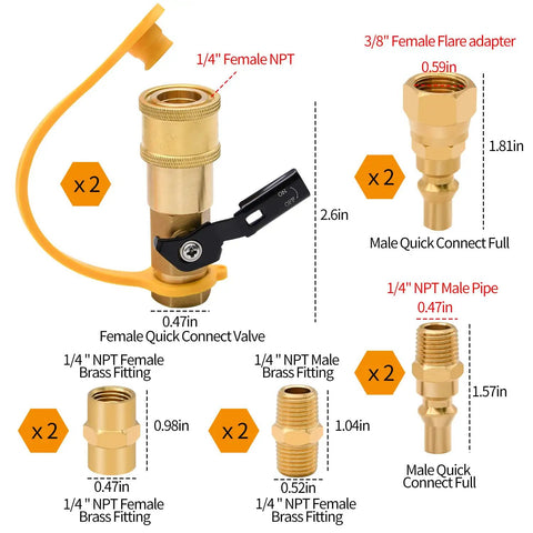14 Piece Propane Quick Connect Fittings Kit with One Quarter Inch NPT Adapters and Three Eighth Inch Flare for RV Gas Lines visible