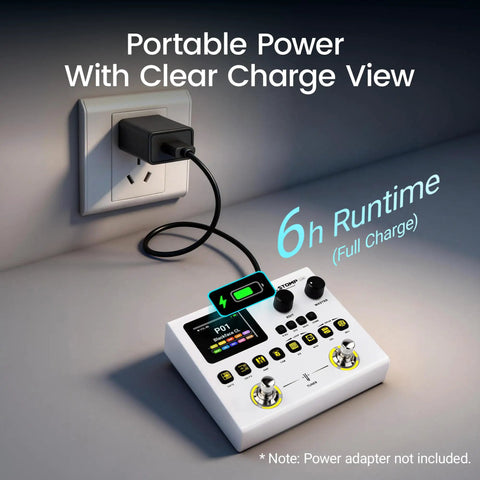 Dual Stomp Lite Multi Effects Guitar Pedal With 125 Effects, 99 Presets connected to a power outlet, showing charge status and digital display.