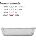 Side view of 35 Pack 8x8 Inch Square Baking Pans with dimensions and capacity noted, heavy duty disposable aluminum foil tins.