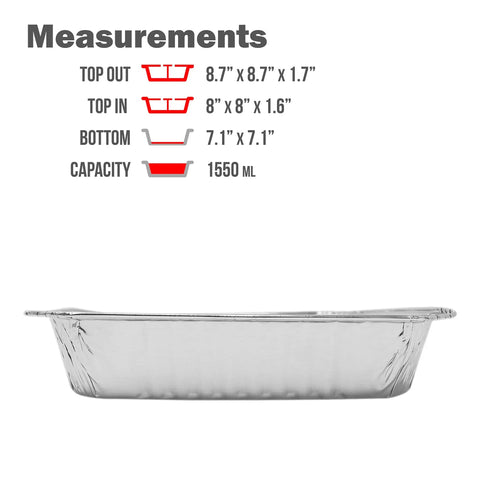 Side view of 35 Pack 8x8 Inch Square Baking Pans with dimensions and capacity noted, heavy duty disposable aluminum foil tins.