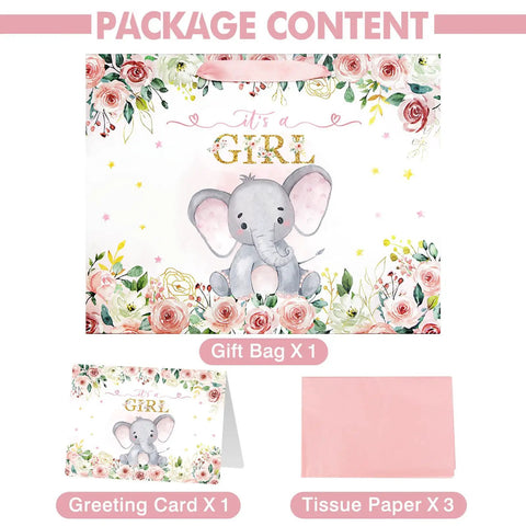 13 Inch Large Baby Shower Gift Bag For Girls With Pink Floral Elephant Design And Durable Handles Includes Tissue Paper Pack And Greeting Card