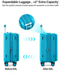 Expandable 20 Inch Carry On Luggage With Top Opening Design Caribbean Blue Hard Shell Roller Suitcase Lightweight 8.8 Lb Expands From 44L To 52L Airline Approved For Overhead Bins Cup Holder Included, showing expansion from 44L to 52L