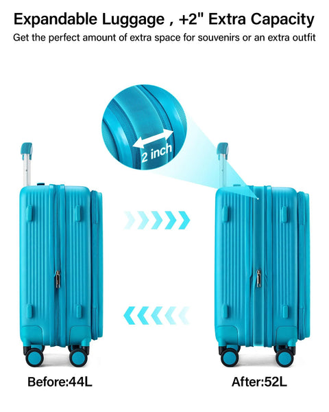Expandable 20 Inch Carry On Luggage With Top Opening Design Caribbean Blue Hard Shell Roller Suitcase Lightweight 8.8 Lb Expands From 44L To 52L Airline Approved For Overhead Bins Cup Holder Included, showing expansion from 44L to 52L