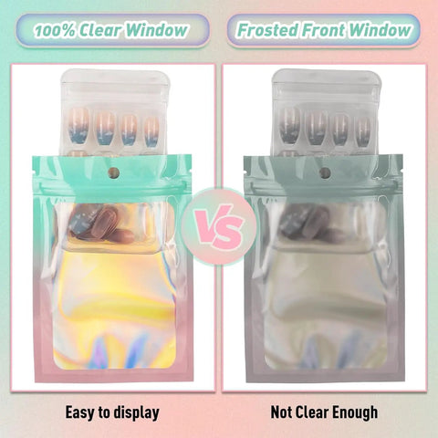 Comparison of Holographic Mylar Bags With Clear Window And Odor Proof Seal Pouches For Food Storage And Snacking, 4.3x7.5in