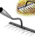 Iron Weeding Rake 2.0 with 8 teeth, carbon steel head for dethatching lawns and soil loosening, detachable hand weeder puller.