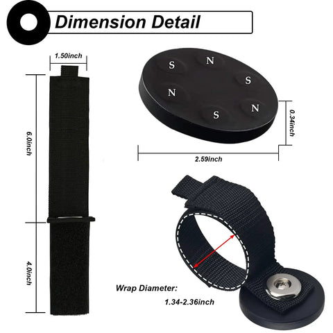 Dimension details of 2-Pack Heavy Duty Magnetic Hooks Set With Rubber Coated Neodymium Magnets, includes strap and wrap diameter