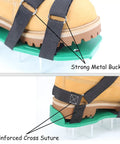 Close-up of Lawn Aerator Shoes With Strong Hook And Loop Straps for quick soil aerating, showing strong metal buckles and reinforced stitching.