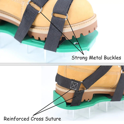 Close-up of Lawn Aerator Shoes With Strong Hook And Loop Straps for quick soil aerating, showing strong metal buckles and reinforced stitching.