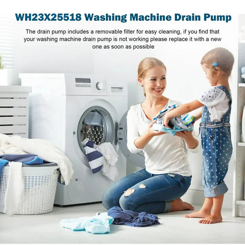 Front Load Washer Drain Pump Assembly Replacement Works With GE Models WH23X10038 And WH23X25461 120V 60Hz With Removable Filter Plug And Play For Easy Install And Quiet Operation. washer laundry room scene