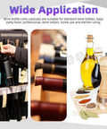 Kickass 130 Piece Wine Bottle Cork And Heat Shrink Cap Kit With Genuine Cork Plugs And Vivid Pvc Foil Covers In Gold Black Red Green Blue For Serious Home Winemaking Projects showcasing wine bottles and corks.