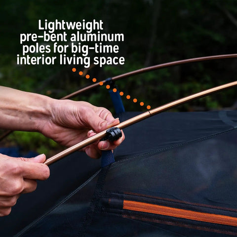 Hands assembling aluminum pole on Late Start 2P Backpacking Tent for Two People, Lightweight Camping Shelter with Quickcorner Pole Sleeves.