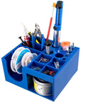 Blue non slip solder holder and dispenser reel stand with anti skid feet for secure storage of solder wire flux paste and tools on workbench