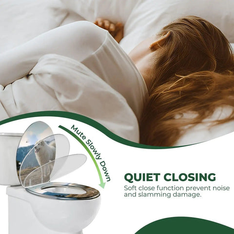 Elongated Toilet Seat Decorative Bathroom with soft close feature, preventing noise and slamming, mounted on standard toilet.