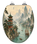 Elongated Traditional Chinoiserie Landscape Pagoda River Toilet Seat featuring a detailed landscape and scenic imagery.