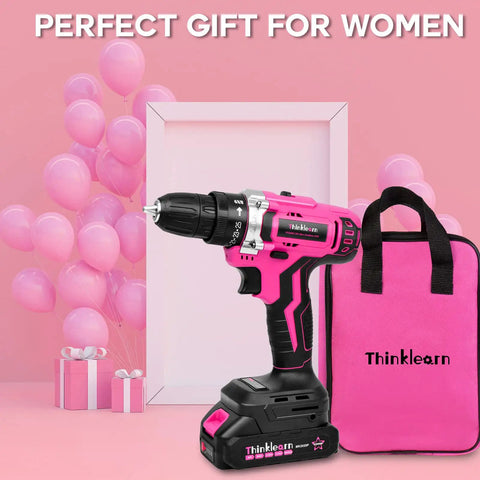 Pink Cordless Drill Kit For Women, 20V Lithium-Ion Power Drill with 67Pcs Driver Bits and Storage Bag against pink backdrop