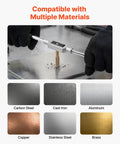 Beefy Titanium Coated Steel Tap And Die Set in use on metal surface, shown with material compatibility for carbon steel, cast iron, and more