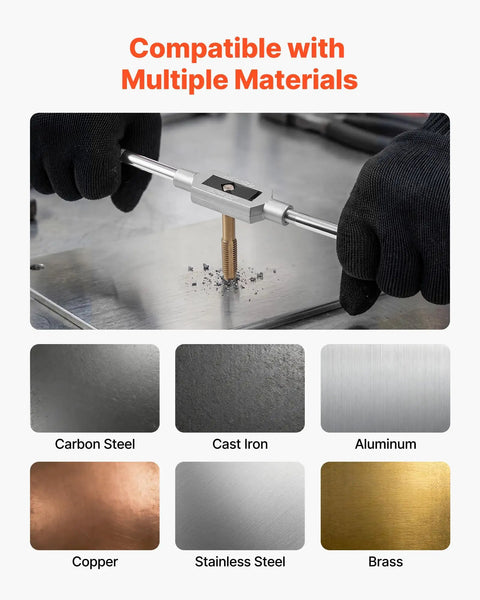 Beefy Titanium Coated Steel Tap And Die Set in use on metal surface, shown with material compatibility for carbon steel, cast iron, and more