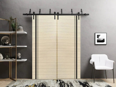 Planum 0011 Interior Barn Bypass Sliding Doors No Glass Solid Wood 64x96 Black Modern Style with hardware in room setting
