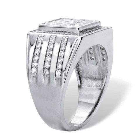 Premium Mens Platinum Plated Ring Featuring Princess Cut Cubic Zirconia Square Grid Ice Bling Hip Hop Drip 1.44 Carat side view