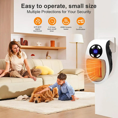 Smart Plug In Wall Space Heater 450W Portable Electric Heater with LED display installed in a small room