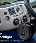 Heavy Duty Dual Port 12V Car Charger With Rugged Aluminum Housing Waterproof Splash Lid 48W Quick Charge mounted in vehicle dashboard.