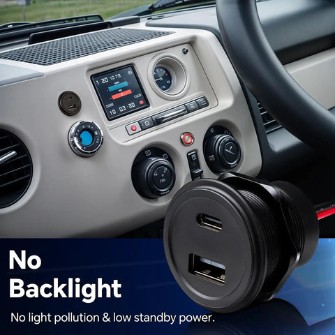 Heavy Duty Dual Port 12V Car Charger With Rugged Aluminum Housing Waterproof Splash Lid 48W Quick Charge mounted in vehicle dashboard.