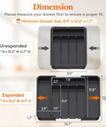 Dimensions of Slick Expandable Silverware Drawer Organizer With Adjustable Dividers for kitchen use showing unexpanded and expanded sizes.