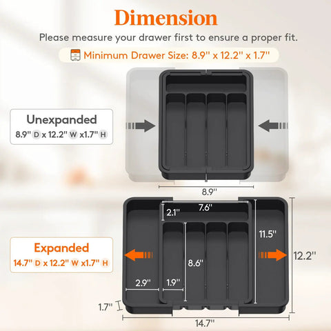 Dimensions of Slick Expandable Silverware Drawer Organizer With Adjustable Dividers for kitchen use showing unexpanded and expanded sizes.