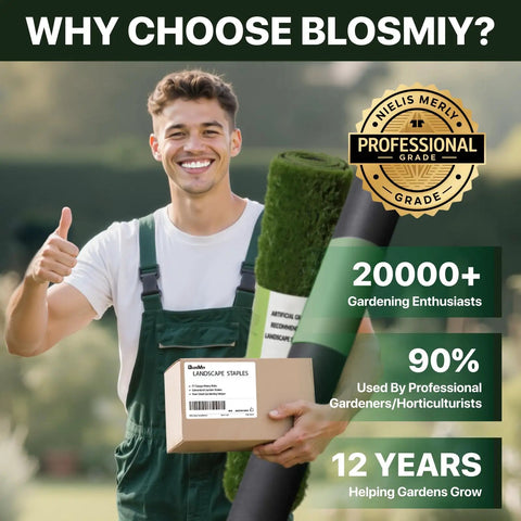 Smiling gardener holding a box of landscape staples and garden materials with Blosmiy branding on a green outdoor background.