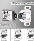 Slam Free Soft Close Cabinet Hinges Pair 1-1/2 Inch Overlay showing 3D adjustment structure and installation points.