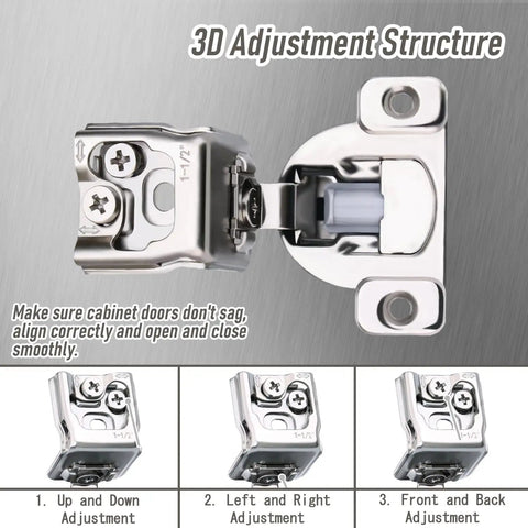 Slam Free Soft Close Cabinet Hinges Pair 1-1/2 Inch Overlay showing 3D adjustment structure and installation points.