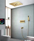 Top Shelf Ceiling Mounted Rain Shower System With 16 Inch Brushed Gold Heads Custom Led Colors And Smooth Touch Controls Hooked Up With Handheld Sprayer And Tub Spout For A Knockout Bath Upgrade, featuring a gold rain shower head and LED controls.