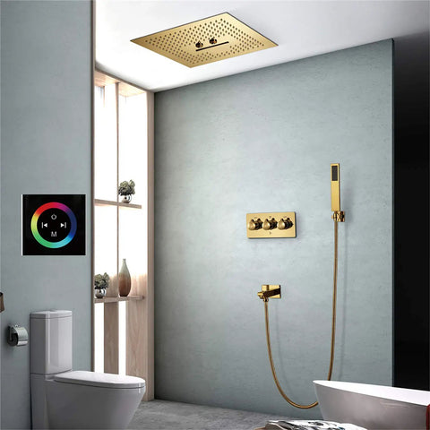Top Shelf Ceiling Mounted Rain Shower System With 16 Inch Brushed Gold Heads Custom Led Colors And Smooth Touch Controls Hooked Up With Handheld Sprayer And Tub Spout For A Knockout Bath Upgrade, featuring a gold rain shower head and LED controls.