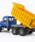 Realistic Mack Granite Dump Truck Toy 1 To 16 Scale For Construction Play with raised dump bed, yellow and blue, durable ABS
