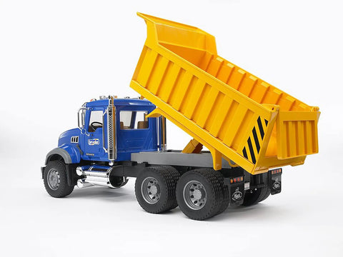 Realistic Mack Granite Dump Truck Toy 1 To 16 Scale For Construction Play with raised dump bed, yellow and blue, durable ABS