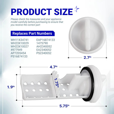 Washer Drain Pump Filter Replacement For GE Washing Machines dimensions and part numbers WH23X10029 WH23X10027