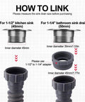Connection instructions for the Expandable One And A Half Inch Flexible Sink Drain Kit With P Trap Adjustable From 7.5 To 17.7 Inches Drain Pipe