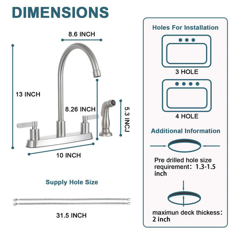 Dimensions of Brushed Nickel Kitchen Faucet With Sprayer, 2-Handle High Arc Sink Faucet, 360 Degree Swivel, 3 or 4 Hole Install